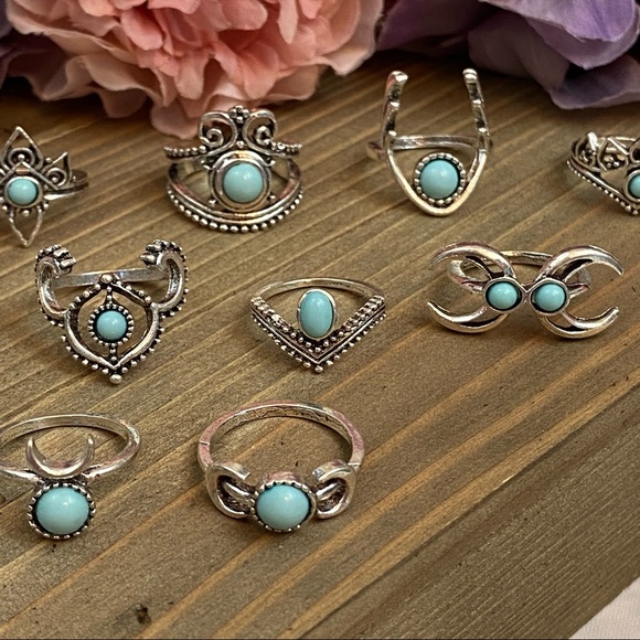 11 Pcs Tribal Silver Turquoise Gem Ring Set - Picture 13 of 16